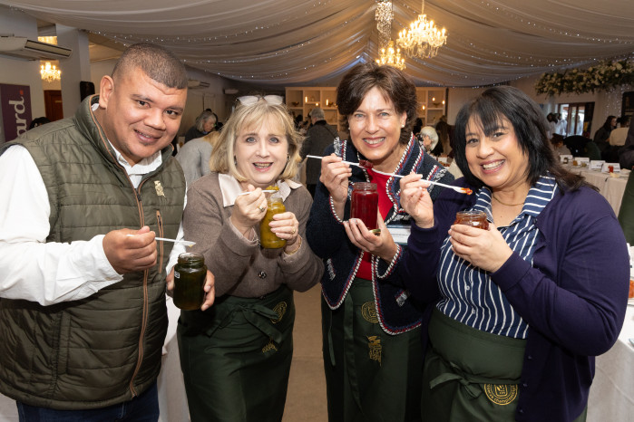 Agri-Expo's second annual South African Preserve Championships got under way with the judging at Eensgezind outside Durbanville on 29 July 2026. From left are Breyton Milford, General Manager of Agri-Expo; Marietjie van Jaarsveld, Head of Ministry at the Western Cape Department of Agriculture; Charlene Nieuwoudt, Communications Manager at ClemenGold; and Wendy Petersen, Chief Executive Officer of SA Olive. Photo: A Gorman Photography