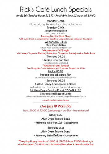This Week's Specials at Rick's Cafe