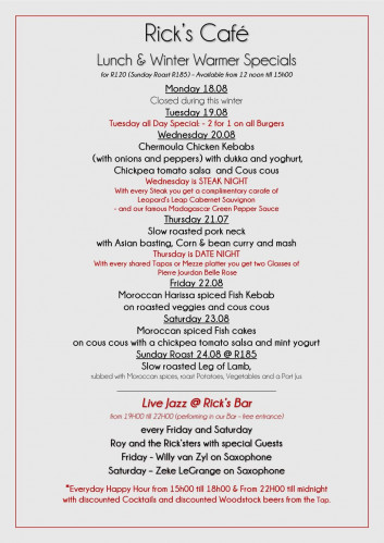 This Week's Specials at Rick's Cafe