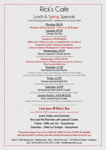 This Week's Specials at Rick's Cafe