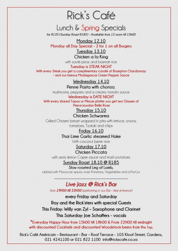 This Week's Specials at Rick's Cafe