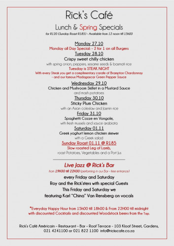 This Week's Specials at Rick's Cafe