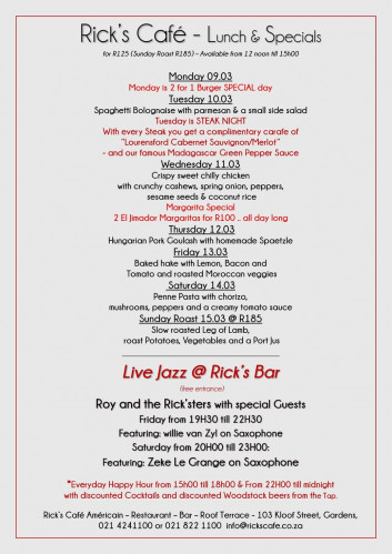 This Week's Specials at Rick's Cafe