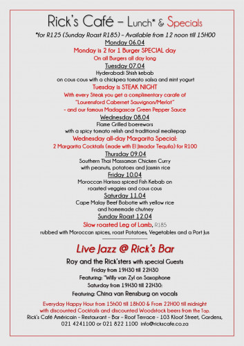 This Week's Specials at Rick's Cafe