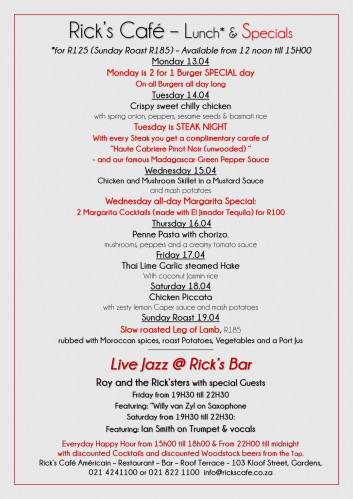 This Week's Specials at Rick's Cafe