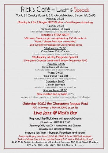 This Week's Specials at Rick's Cafe